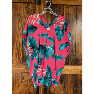 Adrienne womens sz Medium pink and green tropical vacation v-neck blouse EUC